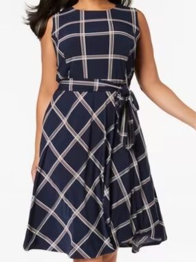 Charter Club Navy Plaid Sleeveless Belted A-Line Dress